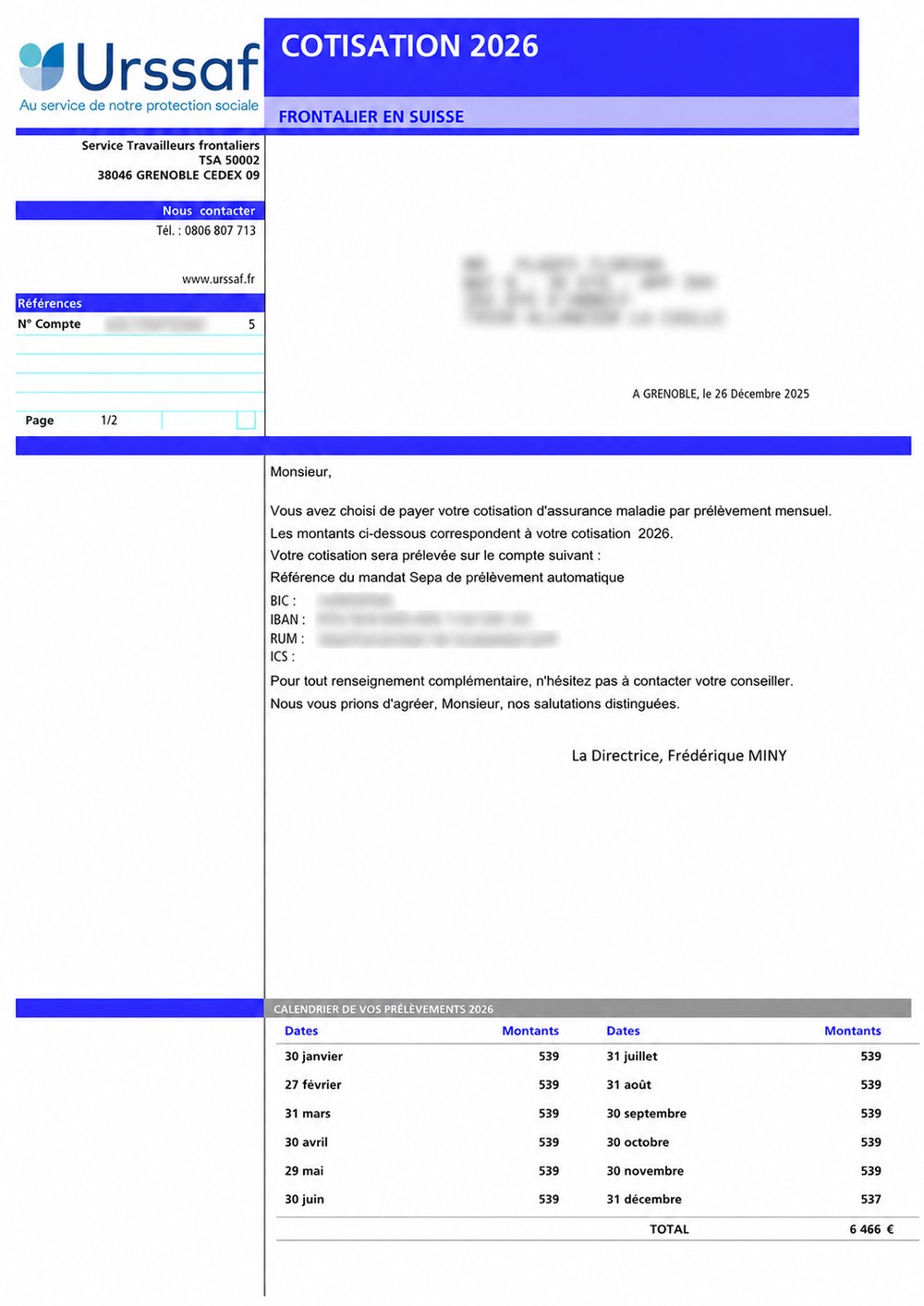 Exemple d’appel de cotisation CNTFS : en-tête Urssaf « Cotisation 2026 – Frontalier en Suisse » et calendrier des prélèvements