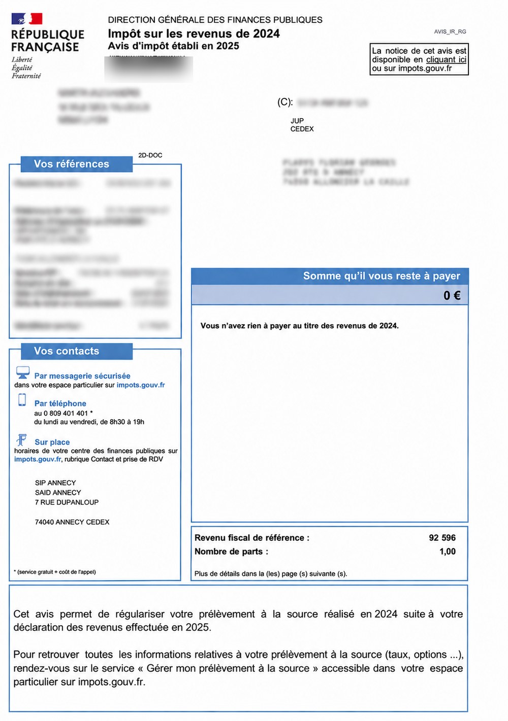 Exemple d’avis d’impôt, première page : en-tête Direction générale des finances publiques et somme restant à payer