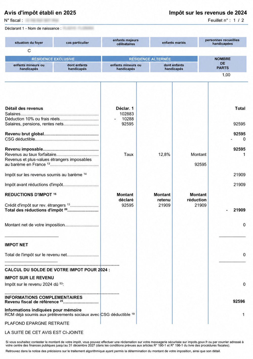 Exemple d’avis d’impôt, page du détail des revenus : salaires, revenu imposable, revenu fiscal de référence